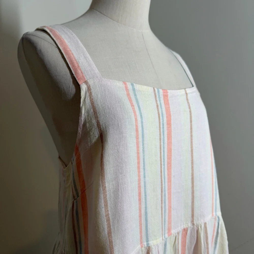 Bobi LA Square Neck Tiered -SZ M- Cream Multicolored Striped Linen Rayon Dress